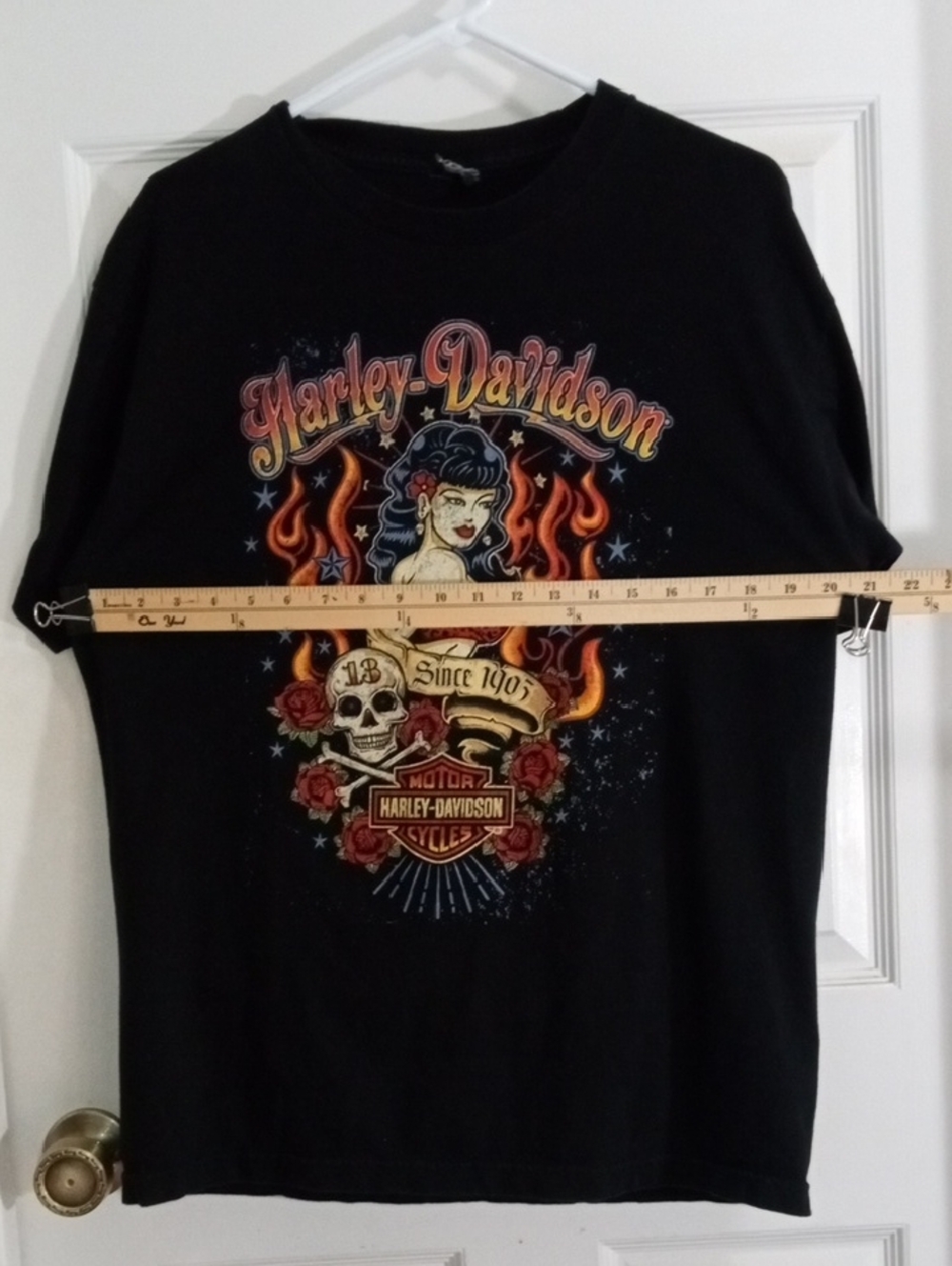 Harley-Davidson Black Short Sleeve Flames/Roses/Stars Tee Shirt Men’s Large - Picture 5 of 6